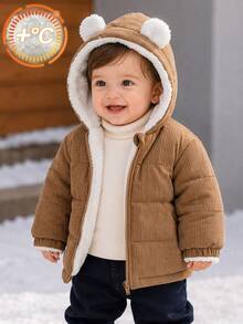 SHEIN Vintaside Kids 1件男嬰冬季咖啡色可愛俏皮風純色3D熊耳連帽長袖拉鍊燈芯絨外套，寬鬆直筒版型，適合日常外出、戶外散步、節日聚會、1歲生日拍照、休閒旅行 - 咖啡棕 - 查看 3