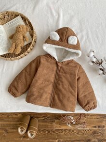 SHEIN Vintaside Kids 1件男嬰冬季咖啡色可愛俏皮風純色3D熊耳連帽長袖拉鍊燈芯絨外套，寬鬆直筒版型，適合日常外出、戶外散步、節日聚會、1歲生日拍照、休閒旅行 - 咖啡棕 - 查看 6