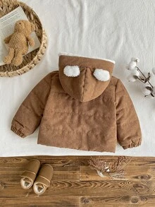 SHEIN Vintaside Kids 1件男嬰冬季咖啡色可愛俏皮風純色3D熊耳連帽長袖拉鍊燈芯絨外套，寬鬆直筒版型，適合日常外出、戶外散步、節日聚會、1歲生日拍照、休閒旅行 - 咖啡棕 - 查看 2