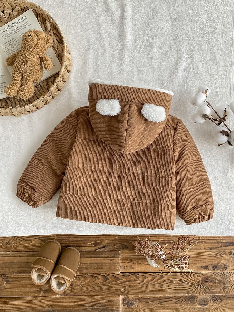 SHEIN Vintaside Kids 1pc Baby Boy Winter Coffee Color Cute Playful Style Solid Color 3D Bear Ears Hooded Long Sleeve Zipper Corduroy Jacket, Loose Straight Fit, Suitable For Daily Outings, Outdoor Strolls, Holiday Gatherings, 1st Birthday Photos, Casual Travel - Coffee Brown - View 2
