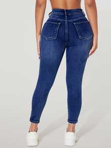 SHEIN PETITE Women's Front Button Pocket Simple Casual Denim Jeans, Daily Wear ,Petite Women - Dark Wash - View 3