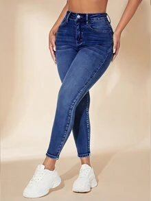 SHEIN PETITE Women's Front Button Pocket Simple Casual Denim Jeans, Daily Wear ,Petite Women - Dark Wash - View 2