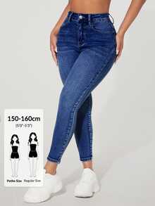 SHEIN PETITE Women's Front Button Pocket Simple Casual Denim Jeans, Daily Wear ,Petite Women - Dark Wash - View 6