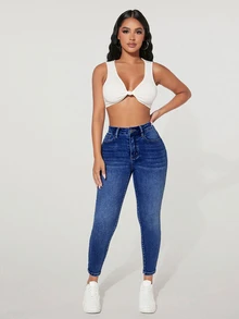 SHEIN PETITE Women's Front Button Pocket Simple Casual Denim Jeans, Daily Wear ,Petite Women - Dark Wash - View 4