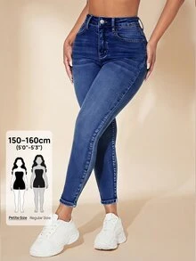 SHEIN PETITE Women's Front Button Pocket Simple Casual Denim Jeans, Daily Wear ,Petite Women - Dark Wash - View 1