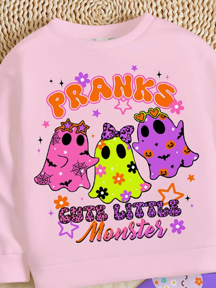 Halloween, Young Girl Casual Cute Polka Dot Ghost Pattern, Sweet Cream Color, Round Neck Long Sleeve Sweatshirt & Leggings 2 Pieces Set, Suitable For Autumn/Winter Party Looks, Fall Clothes, Kawaii, Festival - Multicolor - View 6