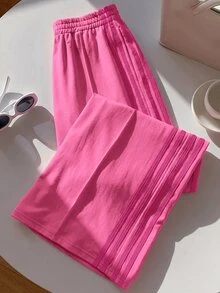 Comfortcana Women's Casual Colorblock Striped Wide Leg Sweatpants, Autumn Wear, Magenta Wide Leg Pants - Hot Pink - View 7