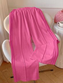 Comfortcana Women's Casual Colorblock Striped Wide Leg Sweatpants, Autumn Wear, Magenta Wide Leg Pants - Hot Pink - View 3