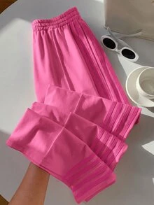 Comfortcana Women's Casual Colorblock Striped Wide Leg Sweatpants, Autumn Wear, Magenta Wide Leg Pants - Hot Pink - View 4