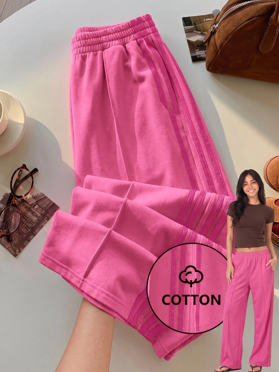 Comfortcana Women's Casual Colorblock Striped Wide Leg Sweatpants, Autumn Wear, Magenta Wide Leg Pants - Hot Pink - View 1
