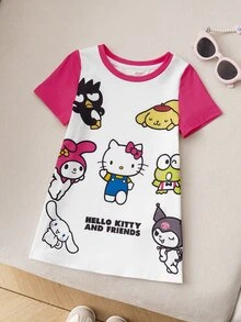 HELLO KITTY AND FRIENDS | SHEIN 女婴拼色卡通图案休闲圆领短袖连衣裙 - 彩色 - 查看 7