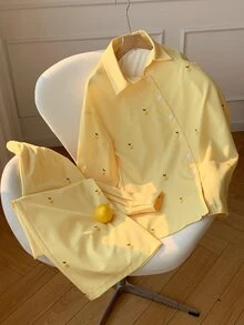 Comfortcana 女款淡黃色檸檬印花單排扣襯衫與寬鬆休閒可愛長褲套裝 熱帶水果兩件式居家秋季日常穿搭 - 黃色 - 查看 3