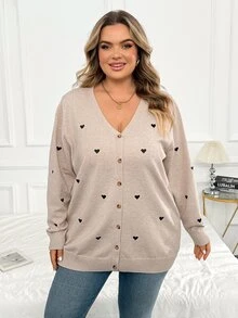 SHEIN CURVE+ 大尺碼女款純色愛心刺繡基礎開襟衫 春季、秋季冬季 2026 22W - 彩色 - 查看 3