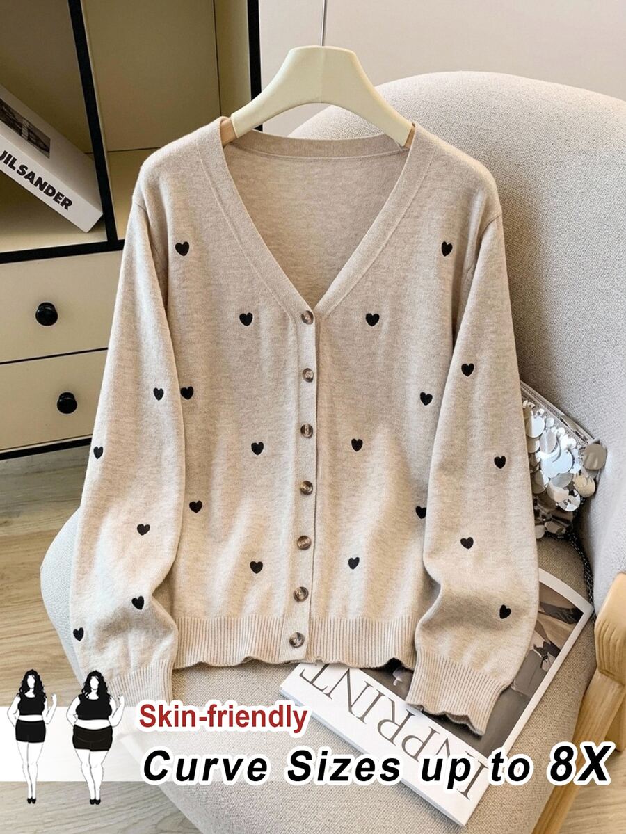 SHEIN CURVE+ 大尺碼女款純色愛心刺繡基礎開襟衫 春季、秋季冬季 2026 22W - 彩色 - 查看 1