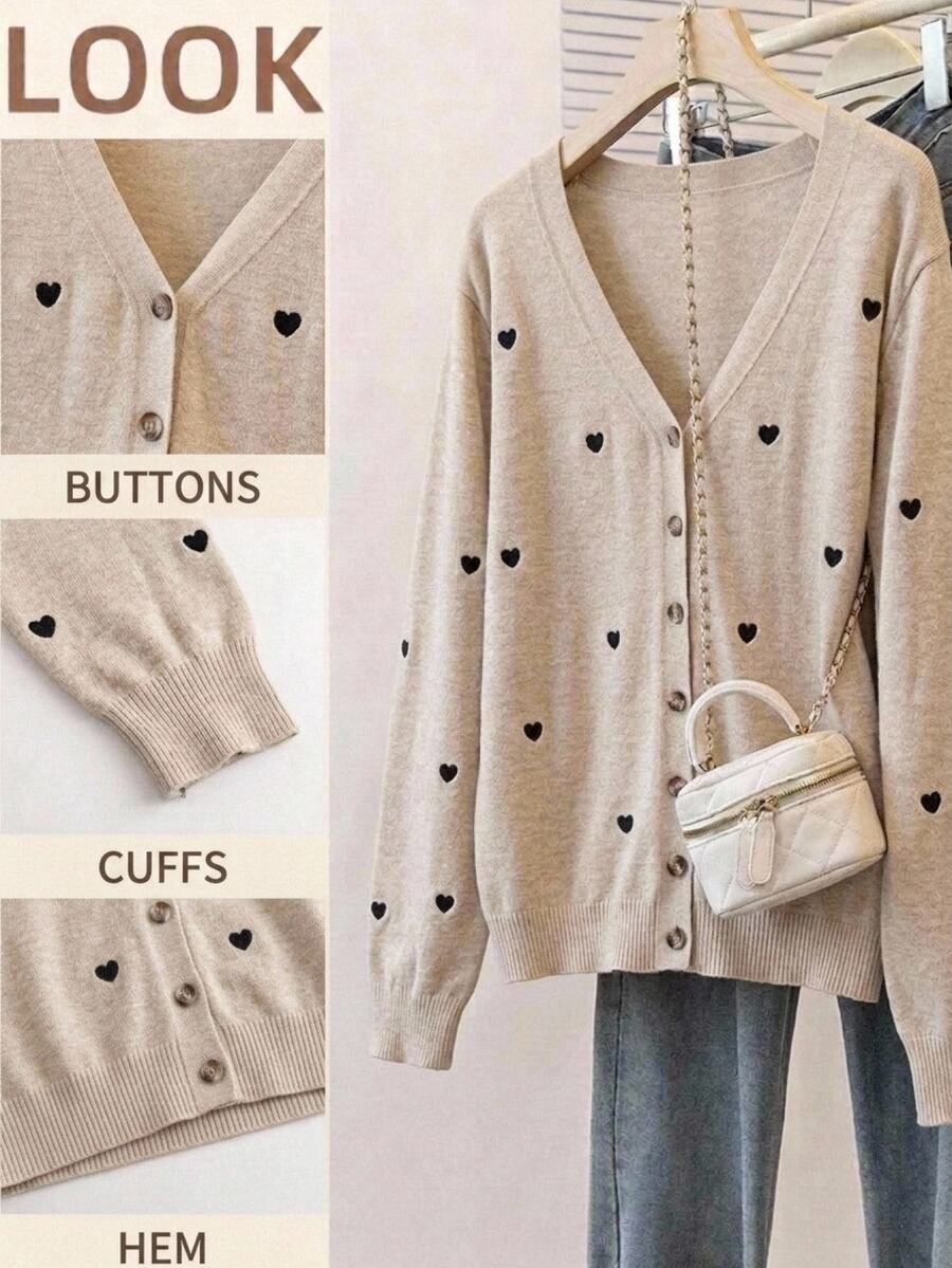 SHEIN CURVE+ Plus Size Women Solid Color Heart Embroidery Basic Cardigan Spring, Fall Winter 2026 22W - Multicolor - View 1