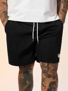 EASEVO Plus Size Men's Letter Print Drawstring Waist Woven Casual Straight Leg Shorts - Black - View 4