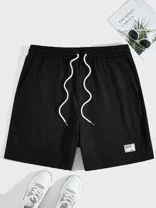 EASEVO Plus Size Men's Letter Print Drawstring Waist Woven Casual Straight Leg Shorts - Black - View 2