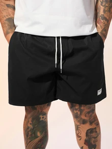 EASEVO Plus Size Men's Letter Print Drawstring Waist Woven Casual Straight Leg Shorts - Black - View 8