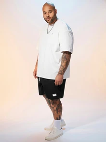 EASEVO Plus Size Men's Letter Print Drawstring Waist Woven Casual Straight Leg Shorts - Black - View 3