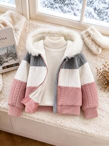 SHEIN Young Girl 1pc Colorblock Fuzzy Trim Hooded Jacket Autumn Fall - Multicolor - View 7