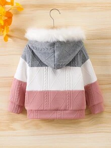 SHEIN Young Girl 1pc Colorblock Fuzzy Trim Hooded Jacket Autumn Fall - Multicolor - View 2