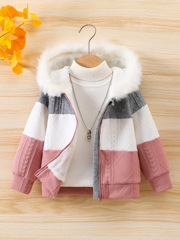 SHEIN Young Girl 1pc Colorblock Fuzzy Trim Hooded Jacket Autumn Fall - Multicolor - View 6