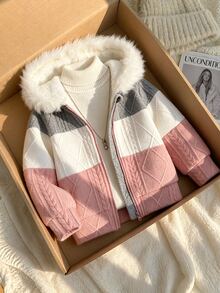 SHEIN Young Girl 1pc Colorblock Fuzzy Trim Hooded Jacket Autumn Fall - Multicolor - View 8