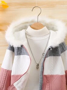 SHEIN Young Girl 1pc Colorblock Fuzzy Trim Hooded Jacket Autumn Fall - Multicolor - View 4