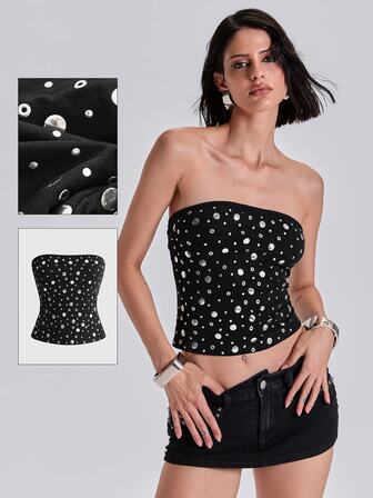 Top a fascia stile rock Y2K con stampa all-over, borchie e foil metallizzato, per primavera/estate e tutte le stagioni