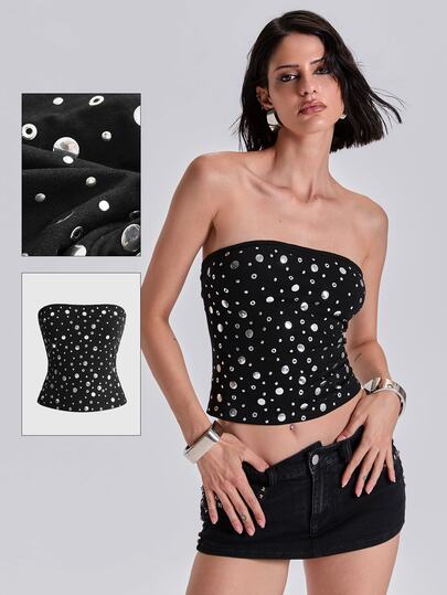 Top a fascia stile rock Y2K con stampa all-over, borchie e foil metallizzato, per primavera/estate e tutte le stagioni
