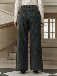 Anewsta Autumn/Winter Black & Grey Distressed Lace Patchwork High Waist Wide Leg Jeans - Black - View 6