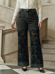 Anewsta Autumn/Winter Black & Grey Distressed Lace Patchwork High Waist Wide Leg Jeans - Black - View 5
