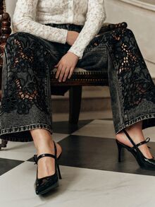 Anewsta Autumn/Winter Black & Grey Distressed Lace Patchwork High Waist Wide Leg Jeans - Black - View 3