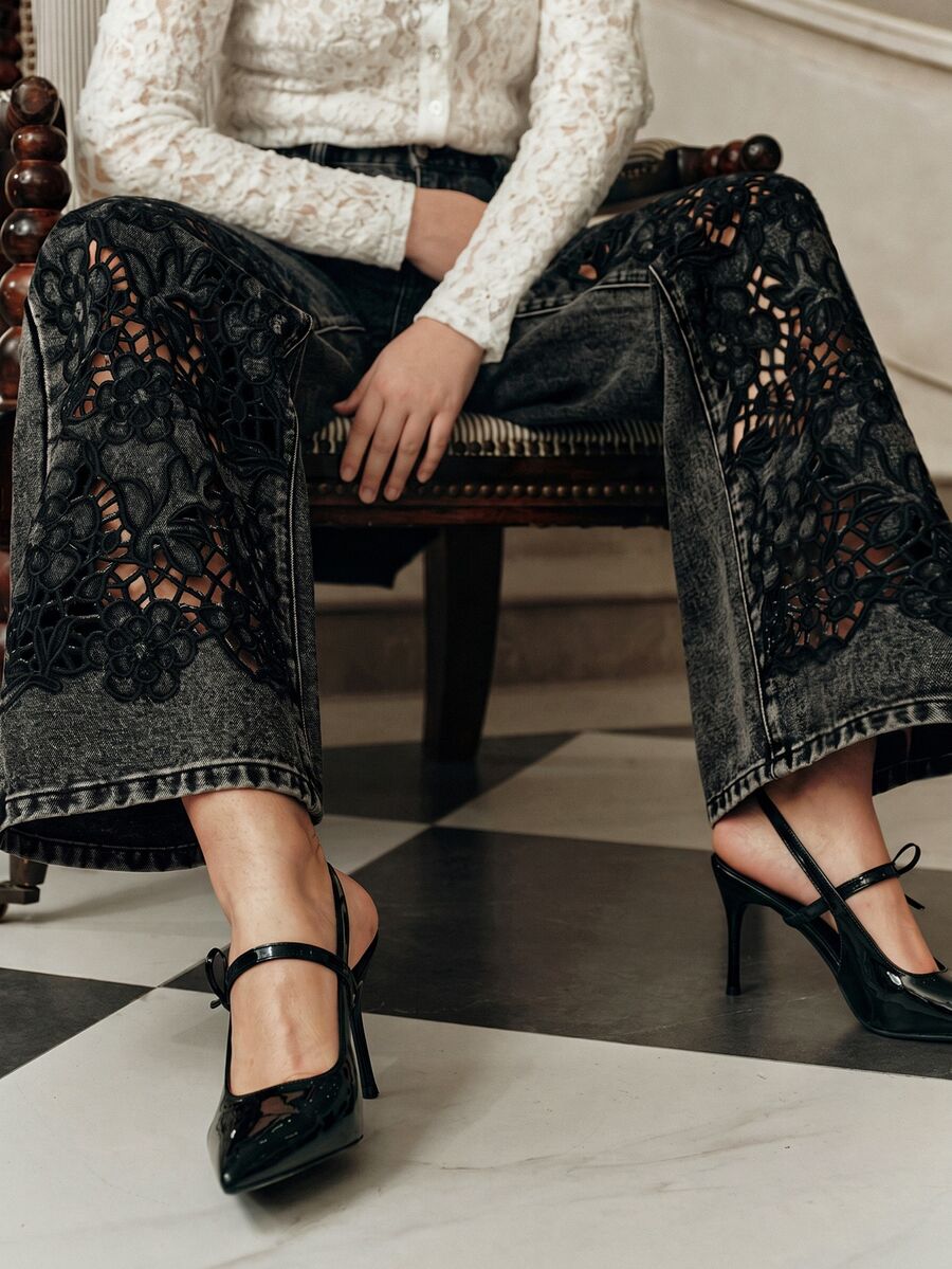 Anewsta Autumn/Winter Black & Grey Distressed Lace Patchwork High Waist Wide Leg Jeans - Black - View 1