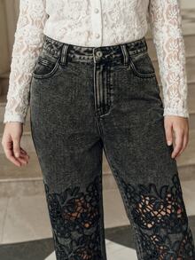 Anewsta Autumn/Winter Black & Grey Distressed Lace Patchwork High Waist Wide Leg Jeans - Black - View 2