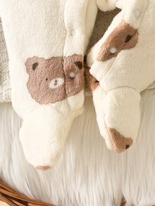 SHEIN 新生女嬰連身連腳褲 可愛甜美奶油棕熊印花蝴蝶結 毛茸茸長袖連帽加厚款 戶外生日派對冬季秋季聖誕穿搭 - 棕色 - 查看 7