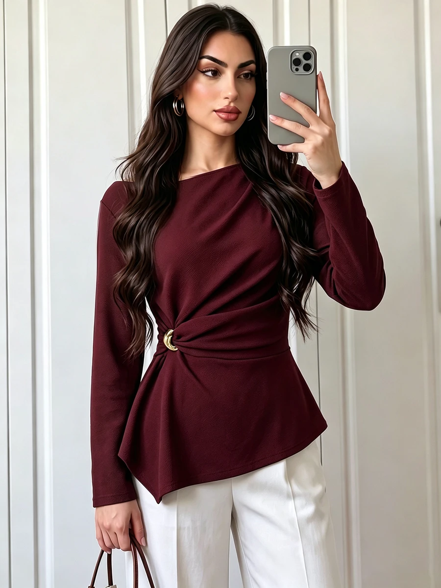Elenzga تي شيرت نسائي بلون موحد مع تجاعيد كاجوال متعدد الاستخدامات للاستخدام اليومي بأكمام طويلة - عنابي اللون - مشاهدة 1