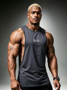 Gym Rark 男士啞鈴印花無袖背心 寬鬆版型 運動訓練上衣 夏季籃球背心 - 黑灰 - 查看 3
