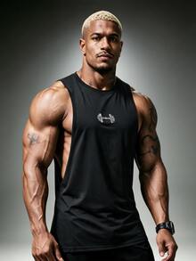 Gym Rark 男士啞鈴印花無袖背心 寬鬆版型 運動訓練上衣 夏季籃球背心 - 黑灰 - 查看 5
