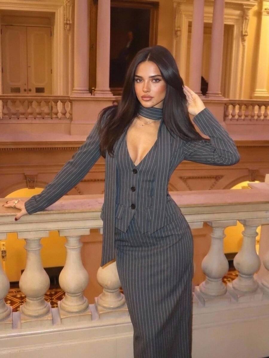Aloruh Women's Striped Long Sleeve Single-Breasted Blazer And Skirt Suit Set - Grey - View 1