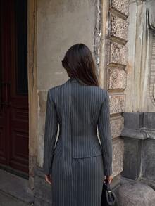 Aloruh Women's Striped Long Sleeve Single-Breasted Blazer And Skirt Suit Set - Grey - View 7