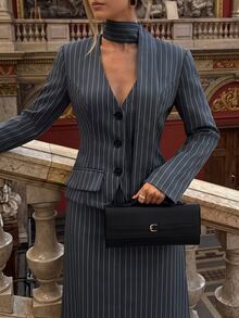 Aloruh Women's Striped Long Sleeve Single-Breasted Blazer And Skirt Suit Set - Grey - View 5