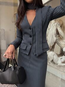 Aloruh Women's Striped Long Sleeve Single-Breasted Blazer And Skirt Suit Set - Grey - View 8