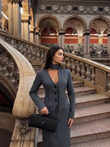 Aloruh Women's Striped Long Sleeve Single-Breasted Blazer And Skirt Suit Set - Grey - View 3