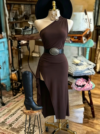 SHEIN LUNE Vestido de mujer de unicolor sin mangas con abertura asimétrica en el hombro