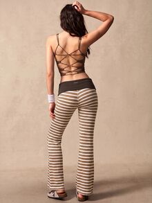 VARSIVA Women's Casual Striped Flared Pants With Waist Fold Over Leggings - Multicolor - View 7