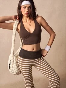 VARSIVA Women's Casual Striped Flared Pants With Waist Fold Over Leggings - Multicolor - View 12