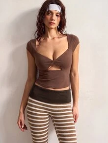 VARSIVA Women's Casual Striped Flared Pants With Waist Fold Over Leggings - Multicolor - View 9