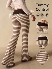 VARSIVA Women's Casual Striped Flared Pants With Waist Fold Over Leggings - Multicolor - View 1