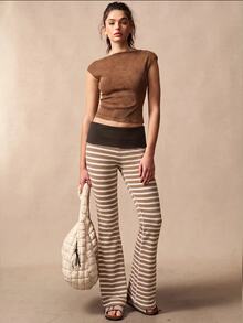 VARSIVA Women's Casual Striped Flared Pants With Waist Fold Over Leggings - Multicolor - View 2